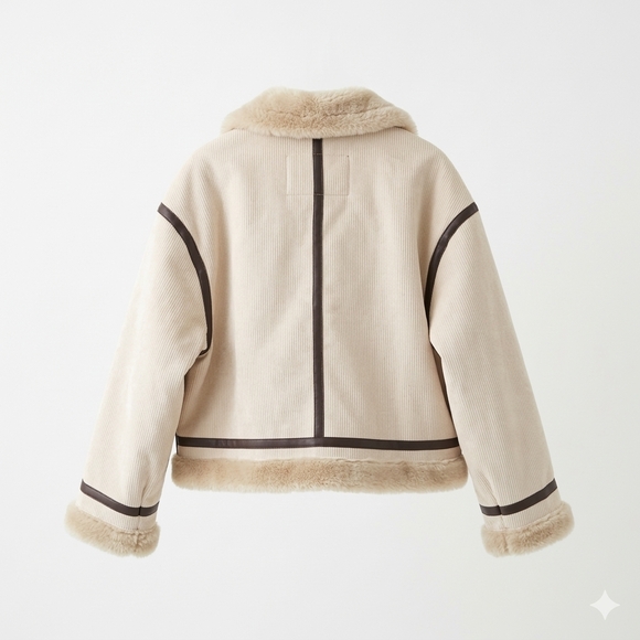 American Eagle Corduroy Aviator Jacket Sherpa Lined Cream Brown Trim Size L - Picture 2 of 9